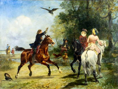 John Lewis Brown (UK,France,1829-1890) oil painting antique: ARTIST: John Lewis Brown (United Kingdom, French, 1829 - 1890) TITLE: La Chasse au Falcon YEAR: 1878 MEDIUM: oil on canvas CONDITION: Few patches. Few