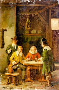 Antique early 20C German oil painting signed: ARTIST: - (Germany, early 20 century) TITLE: Tavern Scene MEDIUM: oil on board CONDITION: Some scratches/paint losses mostly along edges. Some craquelure. No visible inpai