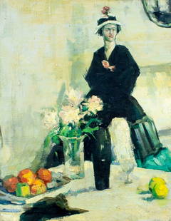 Antique early 20C European oil painting: ARTIST: - (Europe, early 20 century) TITLE: Interior Scene MEDIUM: oil on canvas. Canvas applied to board. CONDITION: Some small damages to upper left edges. No visible inpaint under UV light. ART