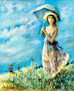Jacques Lalande (French,1921-2003) oil painting: ARTIST: Jacques Lalande (France, 1921 - 2003) TITLE: Girl with Umbrella MEDIUM: oil on canvas CONDITION: Unstretched (In-House stretching available). Minor paint losses in the upper left quadrant.