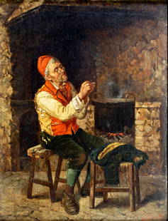 Gino Benelli (Italy,19/20C) oil painting antique: ARTIST: Gino Benelli (Italian, 19/20 centuries) TITLE: Old Man Sewing MEDIUM: oil on board CONDITION: Few minor paint losses. Minor craquelure. No visible inpaint under UV light. Wear to frame. ART
