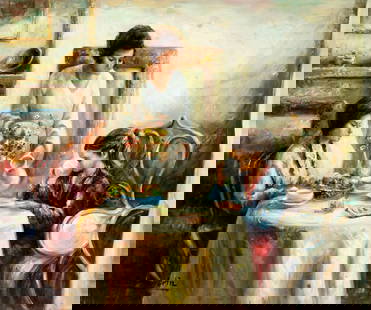 M Bertran Ortiz (Spain,20C) oil painting: ARTIST: M Bertran Ortiz (Spanish, 20 century) TITLE: Tea Time MEDIUM: oil on canvas CONDITION: Overall good. No visible inpaint under UV light. Normal wear along edges. ART SIZE: 20 x 24 inches / 50