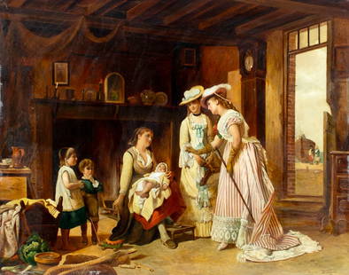 Paul Heiremans (Belgium,19C) oil painting antique: ARTIST: Paul Heiremans (Belgian, 19 century) TITLE: The Visit (titled on verso) MEDIUM: oil on canvas CONDITION: Relined. Some small scratches/paint losses mostly along edges. Very minor craquelure.