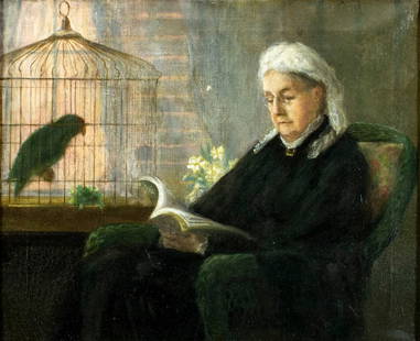 Antique early 20C American oil painting: ARTIST: - (American, early 20 century) TITLE: Old Woman Reading MEDIUM: oil on canvas CONDITION: One small patch. Few minor paint losses. Minor craquelure. Some scattered