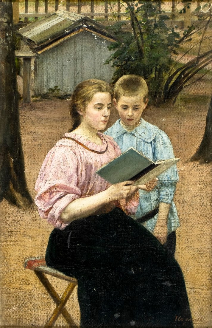 Igumnov (Russia,early 20C) oil painting antique: ARTIST: Igumnov (Russian, early 20 century) TITLE: Mother and Son Reading MEDIUM: oil on canvas. Canvas applied to board. CONDITION: One pinhole by the upper right corner. M