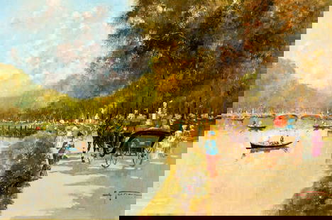 Antonio Gravina (Italy,1934-2011) oil painting: ARTIST: Antonio Gravina (Italian, 1934 - 2011) TITLE: Park Scene MEDIUM: oil on canvas CONDITION: Few minor scratches/paint losses. Minor craquelure. Few scattered small inpaintings (biggest 1" x 1