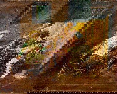 Antique 19C American oil painting signed: ARTIST: - (American, 19 century) TITLE: Cards Players MEDIUM: oil on canvas CONDITION: Some damages to corners and right edge of canvas. Few patches. Some paint losses. Some craquelure. Some