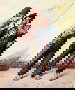 L V Strauss (German,20C) oil painting: ARTIST: L V Strauss (Germany, 20 century) TITLE: Street Urchins Smoking MEDIUM: oil on canvas CONDITION: Unstretched (In-House stretching available). Some paint losses. Some