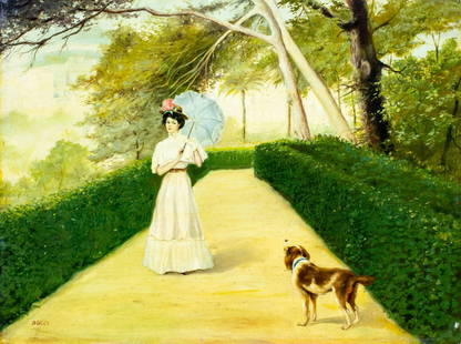 Boras (Europe,mid 20C) oil painting: ARTIST: Boras (European, mid 20 century) TITLE: Lady with Dog in Park MEDIUM: oil on board CONDITION: Some small horizontal surface cracks. No visible inpaint under UV light