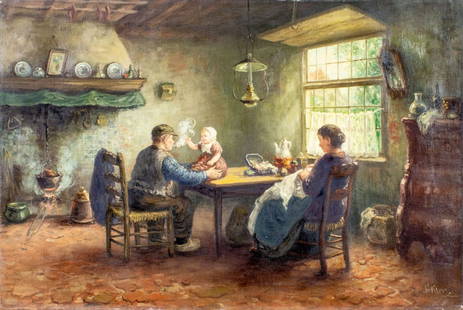 H Klein (Europe,early 20C) oil painting antique: ARTIST: H Klein (European, early 20 century) TITLE: Interior Scene MEDIUM: oil on canvas CONDITION: Few small paint losses. Some craquelure. Some scattered small inpainting