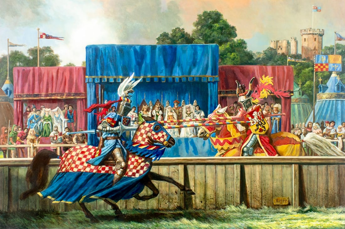Russell Tripp (CA,1924-2025) acrylic painting: ARTIST: Russell R Tripp (California, 1924 - 2025) TITLE: Tournament YEAR: 1992 MEDIUM: acrylic on board CONDITION: Overall good. No visible inpaint und