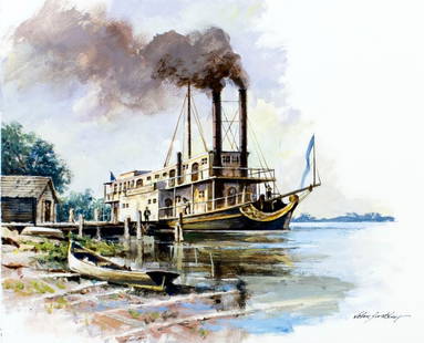 John Swatsley (US,1937-?) gouache painting: ARTIST: John Swatsley (American, 1937 - ???) TITLE: Steamboat Washington (titled on verso) YEAR: 1988 MEDIUM: gouache on board CONDITION: Very good.