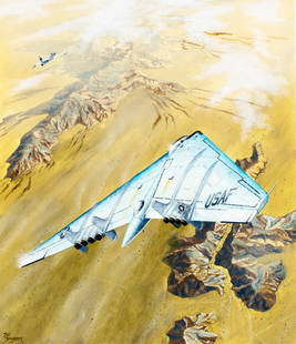 Steve Ferguson (US,born 1946) gouache painting: ARTIST: Steve Ferguson (American, born 1946) TITLE: YB-49 Flying Wing Norhtrop - Flying Wing Jack's Wing (titled on verso) YEAR: 2005 MEDIUM: gouache on board CON