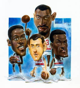 Gary Locke (MO,b 1963) gouache painting: ARTIST: Gary Locke (Missouri, born 1963) TITLE: Wilt Chamberlin, Chet Walker, Billy Cunningham, Luke Jackson (titled on verso) YEAR: 2001 MEDIUM: gouache on board