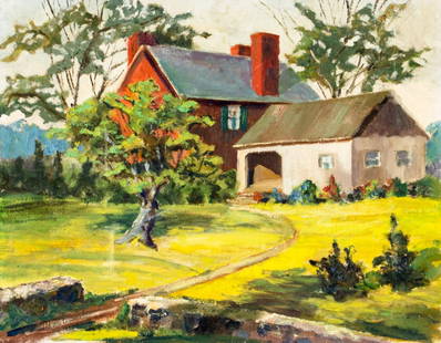 Vintage mid 20C American oil painting: ARTIST: - (American, mid 20 century) TITLE: Country Landscape with Cottage MEDIUM: oil on canvas board CONDITION: Some scratches/paint losses. No visible inpaint under UV