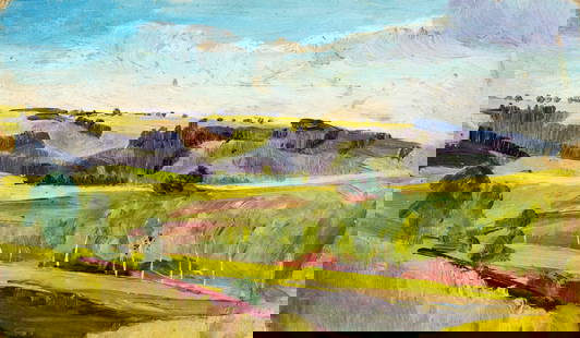 Antique early 20C American oil painting: ARTIST: - (American, early 20 century) TITLE: Hilly Landscape MEDIUM: oil on board CONDITION: Minor damages to corners. Missing a few flakes of paint. No visible inpaint und