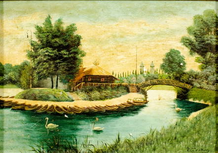 P Tenton (US,early 20C) oil painting antique: ARTIST: P Tenton (American, early 20 century) TITLE: Park Landscape with Swans MEDIUM: oil on board CONDITION: Some scratches/paint losses. Some surface cracks. No visible i