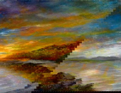 W Pater (US,20C) oil painting: ARTIST: W Pater (American, 20 century) TITLE: Sunset Coastal Landscape MEDIUM: oil on canvas CONDITION: Some faint scratches mostly along edges. No visible inpaint under UV