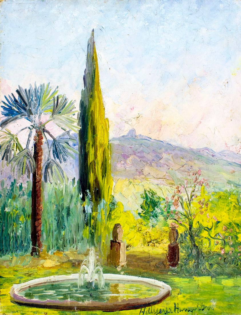 Hildegarde Hamilton (FL,VA,1898-1970) oil painting: ARTIST: Hildegarde Hume Hamilton (Florida, Virginia, 1898 - 1970) TITLE: Garden Landscape - Provence, France MEDIUM: oil on canvas CONDITION: Some small paint losses. Min