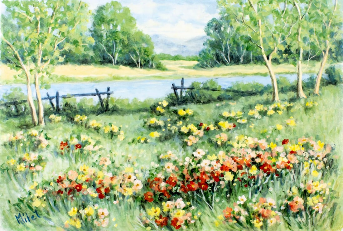 Milet (US,20C) oil painting: ARTIST: Milet (American, 20 century) TITLE: River Landscape with Flowers MEDIUM: oil on canvas CONDITION: Unstretched (In-House stretching available). Few minor paint losses