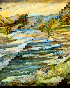Vintage mid 20C American oil painting: ARTIST: - (American, mid 20 century) TITLE: River Landscape MEDIUM: oil on canvas board CONDITION: Few small paint losses mostly by the left edge. No visible inpaint under
