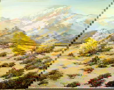 George Bickerstaff (CA,AR,1893-1954) oil painting: ARTIST: George Sanders Bickerstaff (California, Arkansas, 1893 - 1954) TITLE: Desert Landscape MEDIUM: oil on canvas CONDITION: Some small scratches/paint losses. Some cra