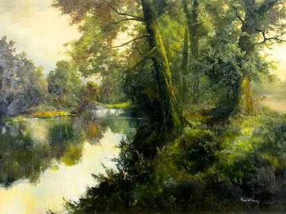 Ron Williams (TN,1947-2016) oil painting: ARTIST: Ron Williams (Tennessee, 1947 - 2016) TITLE: Sunset Forest Lake Landscape MEDIUM: oil on canvas CONDITION: Few minor scratches/paint losses. No visible inpaint und