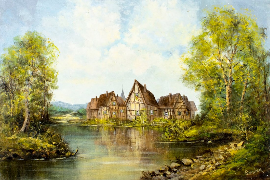 Bender (Europe,20C) oil painting: ARTIST: Bender (European, 20 century) TITLE: Village Landscape MEDIUM: oil on canvas CONDITION: Unstretched (In-House stretching available). Minor paint losses. No visible i
