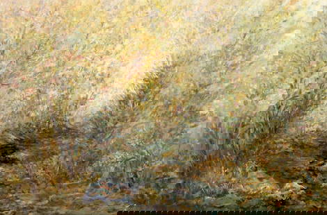 Vintage 20C American oil painting: ARTIST: - (American, 20 century) TITLE: Forest Stream Landscape MEDIUM: oil on board CONDITION: Some paint losses mostly along edges. No visible inpaint under UV light. Fr