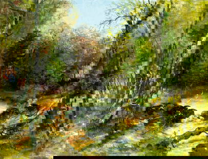 Josef Konecny (Czech,1907-1989) oil painting: ARTIST: Josef Konecny (Czech Republic, 1907 - 1989) TITLE: Forest Stream Landscape MEDIUM: oil on canvas CONDITION: Unstretched (In-House stretching available). Some scra