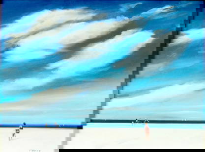 Gilbert (US,mid 20C) oil painting: ARTIST: Gilbert (American, mid 20 century) TITLE: Beach Scene MEDIUM: oil on canvas CONDITION: Missing a few flakes of paint. Very minor craquelure. No visible inpaint under