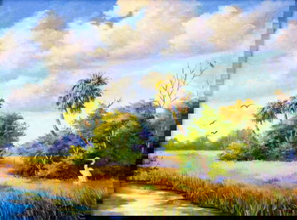 Magi Day (FL,20/21C) oil painting: ARTIST: Magi Day (Florida, 20/21 centuries) TITLE: Everglades National Park Landscape, FL MEDIUM: oil on canvas CONDITION: Very good. No visible inpaint under UV light. <
