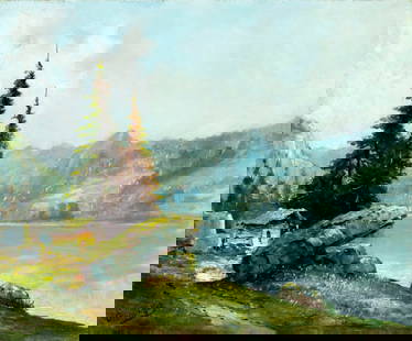 Georges Max (France,early 20C) oil painting antique: ARTIST: Georges Max (French, early 20 century) TITLE: Mountain Lake Landscape with House MEDIUM: oil on canvas CONDITION: Missing a few flakes of paint. Some craquelure. Som