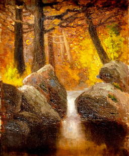 AFTER Charles Franklin Chamberlain (MI,1871-1947) oil painting antique: ARTIST: AFTER Charles Franklin Chamberlain (Michigan, 1871 - 1947) TITLE: Forest Stream Landscape MEDIUM: oil on canvas CONDITION: Some paint losses. Some craquelure. Some