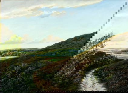 Vintage mid 20C American oil painting signed: ARTIST: - (American, mid 20 century) TITLE: Hilly Landscape MEDIUM: oil on canvas CONDITION: One patch-repaired tear. Few very minor paint losses along the upper edge. Som