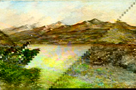 George Henry Smillie (NY,CA,1840-1921) oil painting antique: ARTIST: George Henry Millie (New York, California, 1840 - 1921) TITLE: Chateau Chillon, Leman Lake, Switzerland MEDIUM: oil on canvas CONDITION: Relined. Some paint losses
