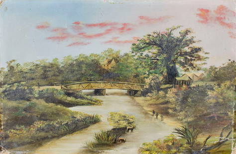 Antique 19C American oil painting: ARTIST: - (American, 19 century) TITLE: River Landscape with Old Bridge (titled on verso) YEAR: circa 1900 MEDIUM: oil on board CONDITION: Some damage