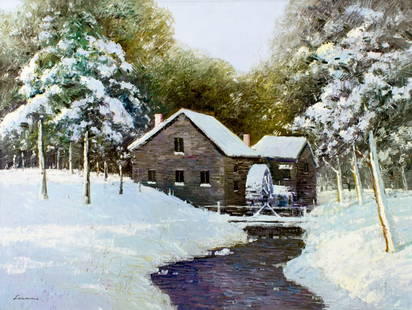 Law Kwok Leung (China,US,b 1954) oil painting: ARTIST: Law Kwok Leung (Chinese, American, born 1954) TITLE: Winter Watermill Landscape MEDIUM: oil on canvas CONDITION: Unstretched (In-House stretching available). Overal