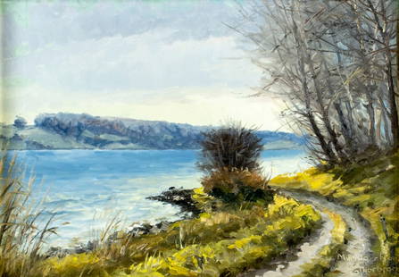 Evelyn Boje Thorbjorn (Denmark,1911-1985) oil painting: ARTIST: Evelyn Boje Thorbjorn (Danish, 1911 - 1985) TITLE: Mariager Fjord Landscape, Denmark MEDIUM: oil on canvas CONDITION: Few pinholes along the left edge. Minor paint