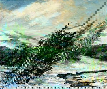 Barbara Van Stappen (MA,1912-1980) oil painting: ARTIST: Barbara B Hutchins van Stappen (Massachusetts, 1912 - 1980) TITLE: Landscape - White Mountains (titled on stretcher) MEDIUM: oil on canvas CONDITION: Very minor c