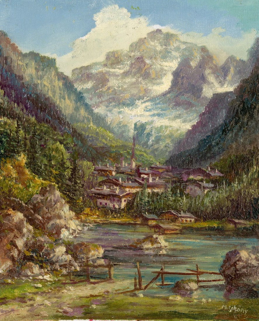 M Schony (German,1913-?) oil painting: ARTIST: M Schony (Germany, 1913 - ???) TITLE: Lake Gosau, Austria MEDIUM: oil on canvas CONDITION: Unstretched (In-House stretching available). Very minor craquelure. No v