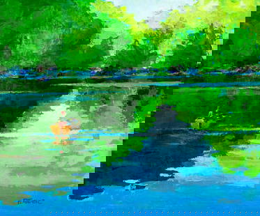 P Tudor (20C) oil painting: ARTIST: P Tudor (20 century) TITLE: Lake Landscape with Boat MEDIUM: oil on canvas CONDITION: Unstretched (In-House stretching available). Few minor paint losses. No visible