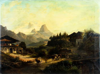 Antique 19C German oil painting: ARTIST: - (Germany, 19 century) TITLE: Alpine Village Landscape with Cows MEDIUM: oil on canvas CONDITION: Relined. Some damages to the edges and corners of canvas. Some s