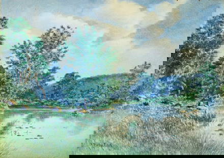 C Myron Clark (MA,1858-1925) watercolor painting antique: ARTIST: C Myron Clark (Massachusetts, 1858 - 1925) TITLE: River Landscape MEDIUM: watercolor on paper. Paper applied to board. CONDITION: Two nail holes by the upper edge