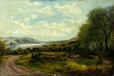 Antique 19C European oil painting: ARTIST: - (Europe, 19 century) TITLE: River Landscape MEDIUM: oil on canvas CONDITION: Some paint losses mostly along edges. No visible inpaint under UV light. Normal wea