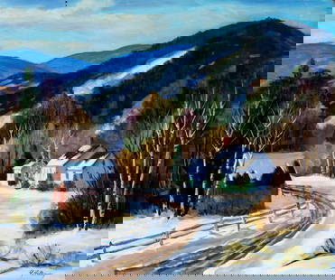 George Holloway (NJ,20C) oil painting: ARTIST: George Holloway (New Jersey, 20 century) TITLE: Winter Country Landscape MEDIUM: oil on canvas CONDITION: Few minor paint losses mostly along edges. No visible inpai