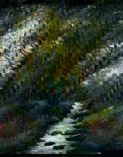 Antique early 20C American oil painting: ARTIST: - (American, early 20 century) TITLE: Forest Waterfall Landscape MEDIUM: oil on canvas CONDITION: Few patches. Few minor paint losses. Some scattered inpaintings.