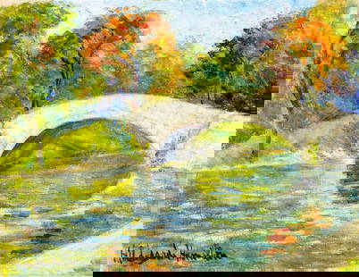 Hildegarde Hamilton (FL,VA,1898-1970) oil painting: ARTIST: Hildegarde Hume Hamilton (Florida, Virginia, 1898 - 1970) TITLE: Autumn Bridge Landscape MEDIUM: oil on canvas CONDITION: Missing a few flakes of paint. One faint