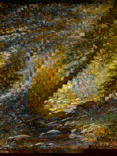 O Chatman (US,19C) oil painting antique: ARTIST: O Chatman (American, 19 century) TITLE: Forest Landscape MEDIUM: oil on canvas CONDITION: Some drip marks along the right edge. Some craquelure. No visible inpaint