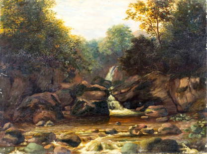 T Wren (UK,19/20C) oil painting antique: ARTIST: T Wren (British, 19/20 century) NAME: Waterfall Landscape MEDIUM: oil on canvas CONDITION: Some small paint losses mostly along edges. Some stable craquelure. No visible inpaint unde